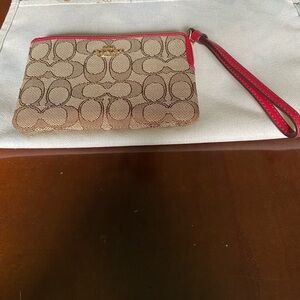 Coach Khaki Signature Canvas Wristlet with Red Trim